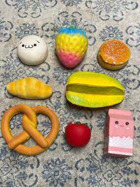 Kawaii Bakery & Fruit Squishy Toy Lot - 8 Piece Set (Mixed Condition)